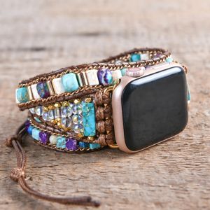 Armband Natural Stone Strap For Apple Watch Band 8 7 6 5 4 SE 38mm 40mm 41mm 42mm 44mm 45mm Beads Boho 3x Wrap Rope Wrist Band Armband