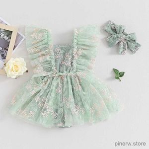 Vestidos da menina infantil bebê recém-nascido meninas verão princesa macacão vestidos verde manga voadora floral bordado tule vestidos com bandana