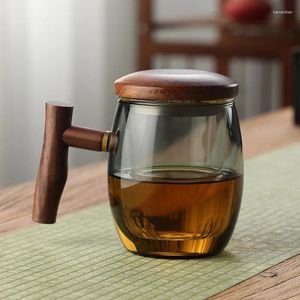 Wine Glasses 400ml Glass Tea Cup With Wooden Handle Filter Inner Liner Brewing Teacup Office Large Capacity Steel Wood Cover