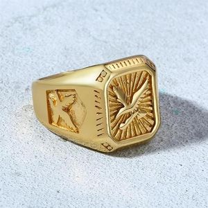 Anello con sigillo falco da uomo con doppia aquila regalo per marito in acciaio inossidabile medievale di colore dorato 1292 g