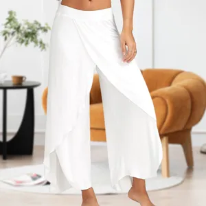 Women's Pants Basic Casual Cotton Solid Color Women Oversized Tulip Hem Elastic Waisted Asymmetrical Side Slit Daily Outfit