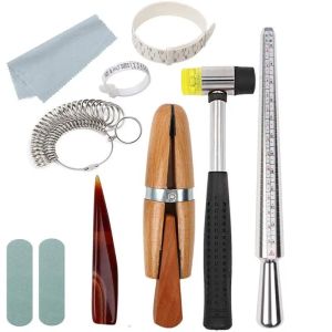 Equipments 11Pcs Metal Mandrel Finger Sizing Measuring Stick Ring Sizer Guage Jewelers Hammer Wooden Ring Clamp Jewelry Tools Kit