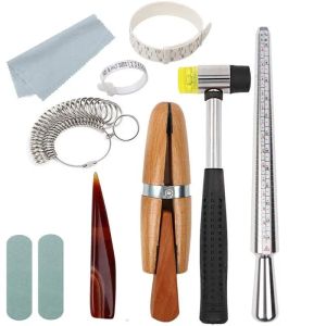 Ekipmanlar 11pcs metal mandrel parmak boyutlandırma ölçüm çubuğu halkası sizer guage kuyumcular çekiç ahşap halka kelepçe takı araçları kiti