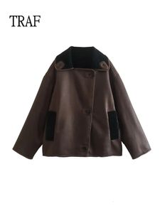 TRAF Women Jacket Winter 2024 Korean Fashion Button Double-Sided Woman Clothing Loose Vintage Loose Female Outwear Chic Tops 240122