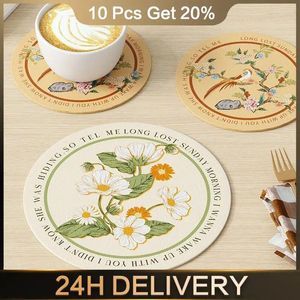 Table Mats Dining Mat Flowers Pattern Round Kitchen Accessories Heat Insulation Pad Waterproof Coffee Oil-proof