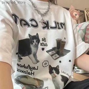 Men's T-Shirts Harajuku Cute Cat Graphic Print T-shirt Summer T Shirt Y2k Women Streetwear Fashion Top Aesthetic Cheap Women Clothing Tshirts Q240130