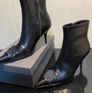 Cagole Bootie Black Womens Stiletto Heel Boots Boots Buts Lizard الأصلي من الجلد المدبب أصابع قدمية في الكاحل أحذية مصنع مصنع المصنع