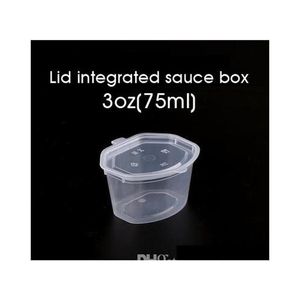 Bicchieri di salsa di plastica usa e getta da 75 ml 3 once con coperchio Scatola di chutney di condimento Scatola da asporto trasparente Scatola di immagazzinaggio per alimenti da asporto piccola 100 pezzi Sn186F