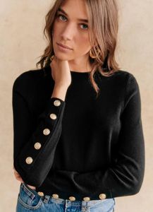 Kadın Sweaters Düz Renk Şık Altın Düğme Uzun Kollu İnce Yuvarlak Boyun Örme Tesli Kadınlar İçin