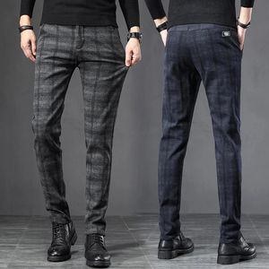 Autumn Men's Brushed Plaid Casual Pants Fashion Korean Elastic Cotton Slim Straight Work Trousers Brand Clothes Black Gray Blue 240125