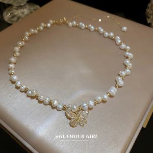 Necklace Elegant Butterfly Shiny Crystal Natural Freshwater Baroque Pearl 14K Gold Filled Ladies Necklace Jewelry For Women Short Chain