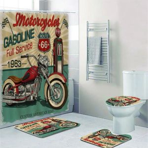 Vorhänge Vintage Route 66 Motorrad Poster Badezimmer Vorhänge Duschvorhang Set für Badezimmer Retro American Old Car Badematte Teppich Dekor
