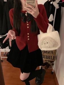 Women's Knits Miiiix Korean Fashion Bow Christmas Red Sweater Cardigan Winter Loose And Lazy Short Knitted Top Female Clothing