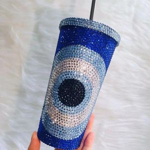 Water Bottles Bling Evil Eye Tumbler Personalize Name Rhinestone Stainless Steel With Straw Turkish Thermos