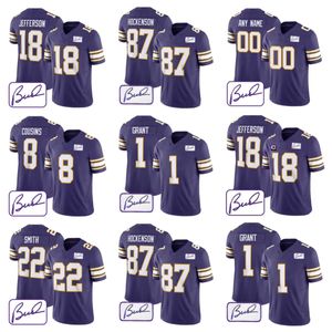 Erkekler Minnesota'''Vikings'''Harrison Smith Justin Jefferson Özel Mor 2023 F.U.S.E. Bud Grant Patch Limited Dikişli Jersey