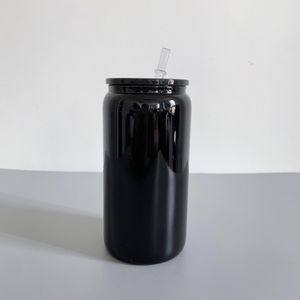 Lata de vidro para bebida gelada, sólido, preto brilhante, reciclável, 16 onças, café, cerveja, borosilicato, com tampas de plástico pp e canudo para envoltórios UV DTF e vinil