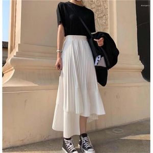 Skirts Spring White High Waist Pleated Skirt Women 2024 Korean Fashion Asymmetrical Ruffles Long Summer A-line Midi