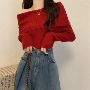 Women's Sweaters Slash Neck Pullovers Women Slim 6 Color Knitted Vintage All-match Elegant Chic Basic Tops Autumn Winter Female Daily Ins