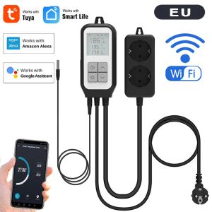 Produtos Tuya WIFI Sensor de temperatura Controlador Termostato Aquecimento duplo Cool Relay Socket Termômetro Smart Life Piscina Cervejaria Estufa