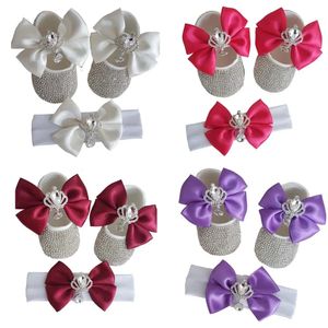 Zircon Crown Baby Shoes for Girls Bows Headband Shiny Princess born Pography Prop Infant Soft Soled Crystal Footwear 240126