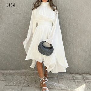 LISM Weißer Aline-Stehkragen mit langen Ärmeln, knielang, mit Reißverschluss hinten, plissiert, für formelle Anlässe, Partykleid, saudi-arabisches Abendkleid 24030