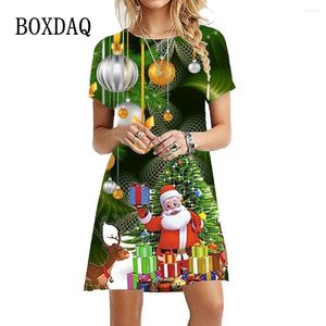 Vestidos casuais papai noel impressão para mulheres 2024 ano manga curta o-pescoço mini vestido oversized senhoras festa de natal vestidos