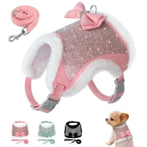 Rhinestone Dog Harness and Leash Set Soft Warm Pet Harness Vest Dogs Bowknot Harness Lead Adjustable For Chihuahua Dogs Cats 240124