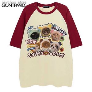 Men's T-Shirts Harajuku Tshirt Funny Cute Cat Family Graphic Print Patchwork T-Shirt Streetwear Hip Hop Fashion Casual Loose Cotton Top Clothes Q240130
