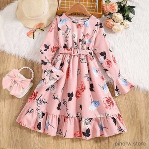 Flickans klänningar Kids Casual Dress for Girls Clothes 2023 Autumn Winter New Children Fashion Print Pink Princess Dress With Belt 7-14Y