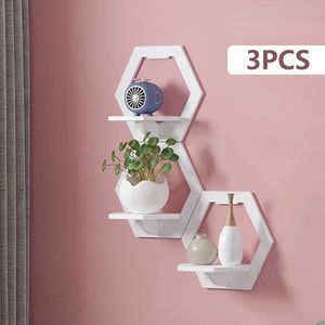 3st Hexagon Wall Shelf Punch Free Bedside Wall Display Stand Flower Pot Holder Wall Mounted Organizer TV Bakgrund Heminredning 240119