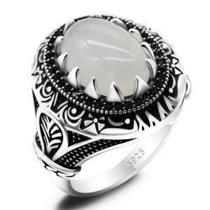 Rings Natural Agate Ring for Men Pure Sterling Sier Punk Vintage White Stone with Black Zircon Male Rings Turkish Jewelry Gift