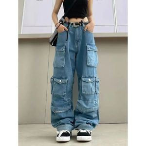 Multi Pocket Blue Wash Jeans Cargo Pants Y2k Retro Street Fashion High Waist Jeans Couple Harajuku Casual Wide Leg Pants 240130