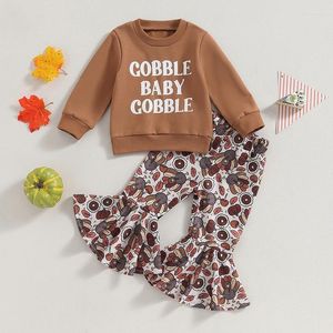 Set di abbigliamento Bambino Bambini Neonate Abiti per il Ringraziamento Felpe con stampa di lettere a maniche lunghe Top Pantaloni a zampa di tacchino Vacanza casual