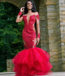 2024 Sparkly Red African Mermaid Evening Celebrity Dresses For Women Luxury Crystal Sheer Mesh Prom Gala klänning Långärm