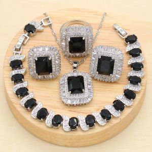 Necklace 2022 New Black Stones Cubic Zirconia Silver Jewelry Sets For Women Earring Pendant Necklace Ring Bracelet Big Square