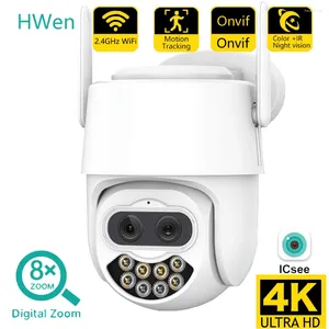 HWen 4K двойной объектив Wi-Fi камеры безопасности 8X гибридный зум 8MP HD ICSee PTZ IP CCTV сигнализация камера видеонаблюдения