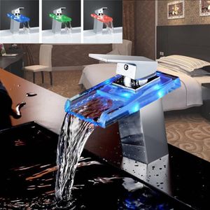 Bathroom Waterfall Led Faucet Glass Waterfall Brass Basin Faucet Bathroom Mixer Tap Deck Mounted basin sink Mixer Tap T2001071910