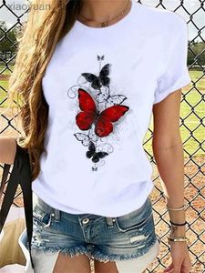 Women's T-Shirt Womens T-shirt Cartoon Butterfly Print Short Sleeve Chic Casual Weekend Y2k Tops Regular Multicolor Street Crew Neck For Girls 240130