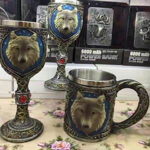 1Piece Wolf Beer Mug Cool Celtic Resin Stainless Steel 3D Wolf Goblet Drinkware Mug Gothic Dinner Party Decor Y20010228G