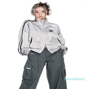 Kvinnors jackor retro kryddig tjej sportig stil design kappa med stativ nacke dubbel blixtlås mångsidig kort silvergrå