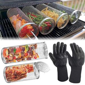 Tools Rolling Grilling Basket Stainless Steel Wire Mesh BBQ Cylinder Portable Outdoor Camping Cookware Tool Accessories