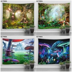 Tapestries Fairy Tale Forest Tapestry Magic Mushroom And Tree Kids Girl Bedroom Living Room Party Background Wall Hanging Hippie