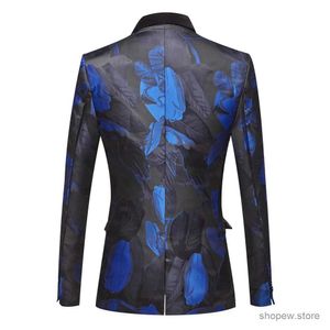 Męskie garnitury Blazers Mężczyzn Blue Flower Jacquard Lapel Suits Blazer Osobowość Dzika męska kurtka do mokrej Wysokiej jakości Slim Fit Blazer Płaszcz Mężczyzna