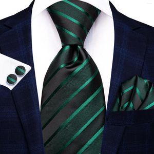 Bow Ties Hi-Tie Striped Black Green Silk Luxury Tie för man Tillbehör Mens mode slipsarduk Cufflink Tuxedo Classic Gift