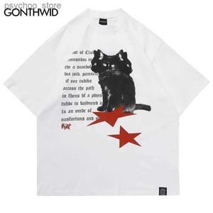 Herren T-Shirts Hip Hop Männer T-shirt Streetwear Y2K Black Cats Star Graphic Print T-shirt 2023 Harajuku Mode Punk Gothic Baumwolle lose T Tops Q240130