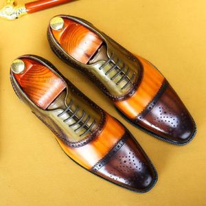 Cap Toe Oxford Shoes Genuine Leather Color Matching Lace Up Business Office Pointed Tip Brogue Dress Shoe for Men