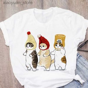 T-shirt das mulheres Womens Cute Cat Funny Cartoon Harajuku Imprimir Senhoras T-shirt Casual Base O-Collar Camisa Branca Manga Curta Senhoras Tshirt 240130