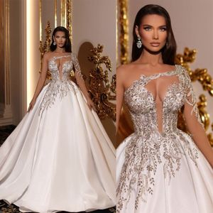 Classic A Line Women Wedding Dress One Shoulder Long Sleeves Bridal Gowns Crystal Appliques Sweep Train Dress Custom Made vestidos de novia