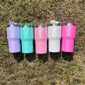 Gökkuşağı Sevimli Mini Seyahat Mug Sparkle Yanardöner 20oz Çocuklar Işıltılı ışıltılı holografik parıltı, kapak ve saman ile satılan, vaka ile satılan sublimasyon bardağı