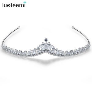 Jewelry LUOTEEMI Shinnig Bridal Wedding Tiara Clear CZ Crystal Hair Decoration Women Luxury Bride Cubic Zirconia Queen Diadem Crown